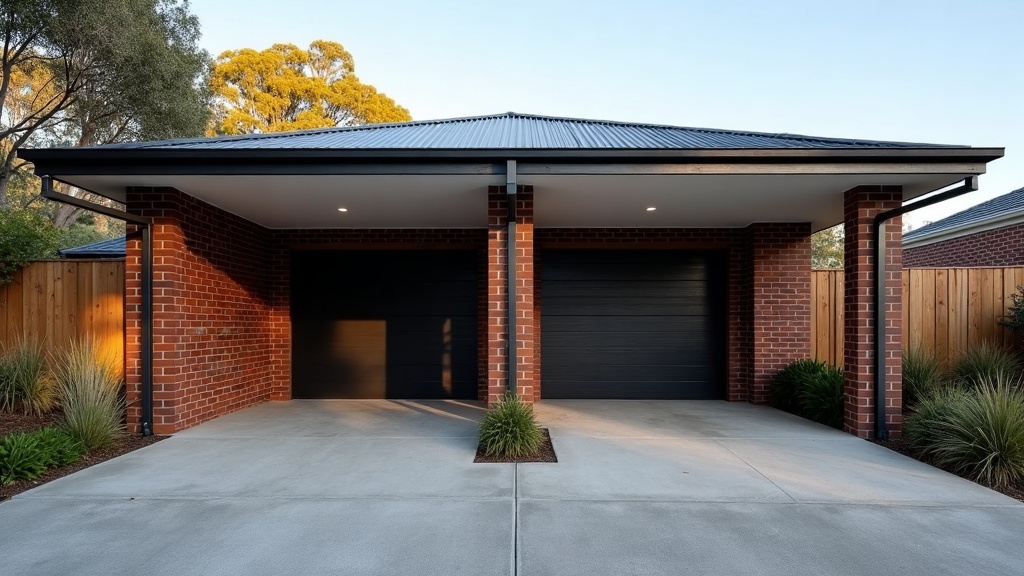 Open double carport with a steel skillion roof and brick posts attached to a Melbourne brick home, empty concrete bay and driveway