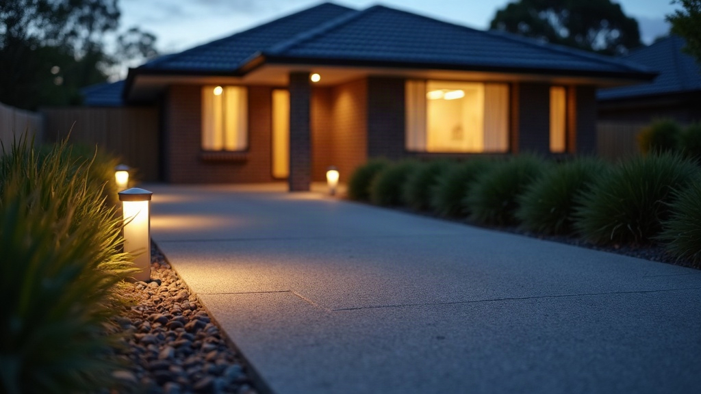 Melbourne driveway at dusk with paver edging, low-voltage bollard lighting and native grass planting along the border