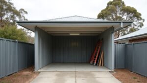 Enclosing a Carport in Melbourne: Adding Walls, Storage or a Roller Door Carport beside a Melbourne home part-way through being enclosed, with three sides clad in grey Colorbond steel and the front left open