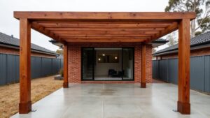 Choosing Timber for a Melbourne Pergola: Merbau, Treated Pine and the Alternatives Freestanding oiled hardwood timber pergola over a concrete patio at a Melbourne brick home in winter