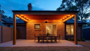 Timber pergola attached to a Melbourne brick home at dusk, with festoon lights along the rafters and an outdoor ceiling fan above a paved alfresco dining area.