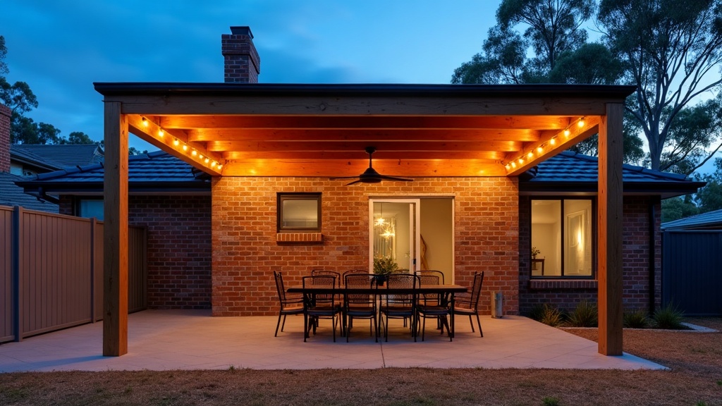 Timber pergola attached to a Melbourne brick home at dusk, with festoon lights along the rafters and an outdoor ceiling fan above a paved alfresco dining area.
