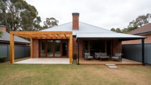 Pergola, Verandah or Patio? Telling Melbourne's Outdoor Structures Apart An open timber pergola beside an attached Colorbond-roofed verandah at the rear of a Melbourne brick home