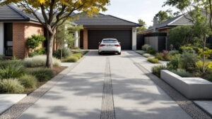 Permeable Driveways for Melbourne: Stormwater-Smart Paving Options Permeable paver driveway with gravel drainage strips leading to a modern Melbourne home