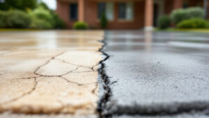 Close-up of a cracked concrete driveway next to a freshly resurfaced smooth section, showing the difference between a worn slab and a resurfaced one