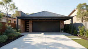 Steel vs Timber Carports: Choosing a Frame for Melbourne Conditions Empty modern attached carport with an exposed dark steel frame and flat skillion roof on a Melbourne brick home, concrete driveway and native garden