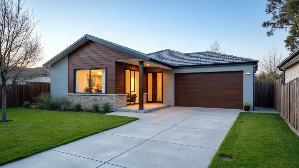 Single-storey Melbourne home with an attached double garage, timber-look panel door and a concrete driveway between lawns