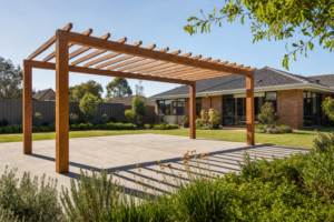 Freestanding timber pergola with open rafters standing on four posts over a paved area in a Melbourne backyard, set apart from the brick house behind it