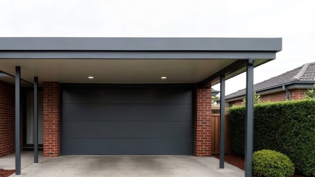 Attached carport with a flat Colorbond roof over a concrete driveway in front of a garage door at a red brick Melbourne home