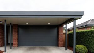 Attached carport with a flat Colorbond roof over a concrete driveway in front of a garage door at a red brick Melbourne home