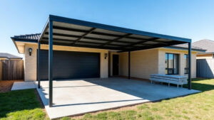 DIY Carport Kits vs Custom Build: What's Right for Melbourne Homeowners A partly built steel carport attached to a cream brick Melbourne home, with charcoal roof sheeting half laid and a stack of sheets waiting on the slab.