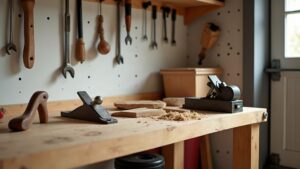 Timber garage workbench with hand planes, wood shavings and spanners hanging on a pegboard wall