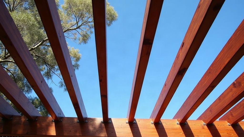 Timber pergola rafters and bearer seen from below against a blue Australian sky