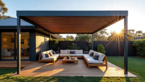 Pergola Shade Options: Louvres, Shade Sails and Retractable Canopies Compared Timber louvred pergola roof casting striped afternoon shade over a decked outdoor lounge in a Melbourne backyard