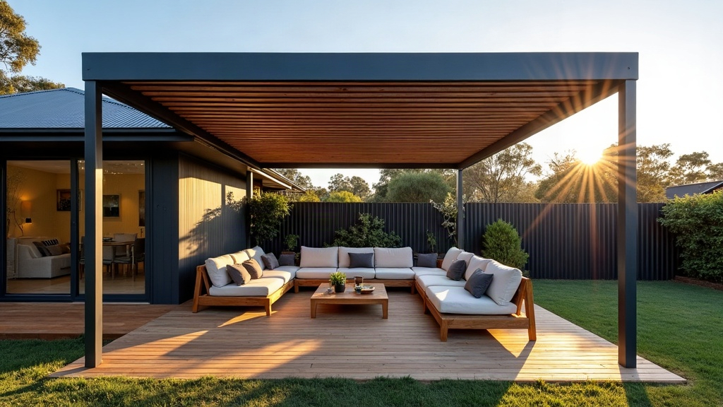 Timber louvred pergola roof casting striped afternoon shade over a decked outdoor lounge in a Melbourne backyard