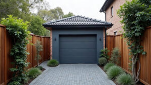 Rear-Lane Garages in Melbourne: Access, Width and Council Rules Single garage with a charcoal sectional door at the back of a Melbourne block, reached by a paved lane between timber fences