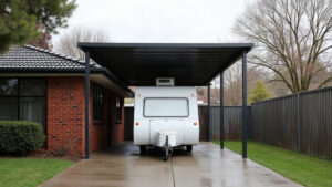 Tall dark steel carport sheltering a white touring caravan beside a red brick house in suburban Melbourne