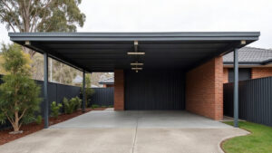 Skillion carport with a dark grey corrugated steel roof on slim steel posts beside a red brick house, with eucalypts and native shrubs