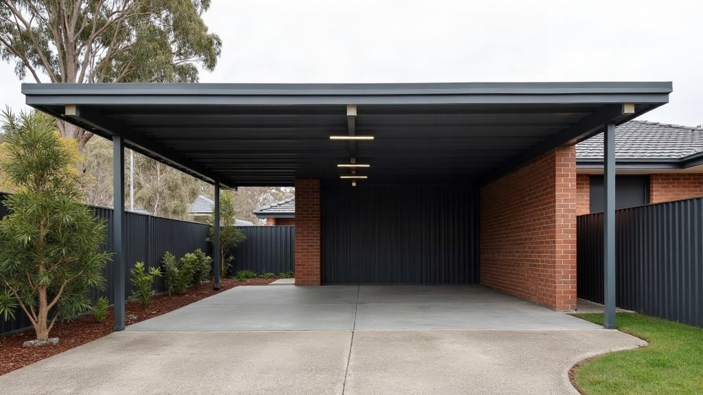 Skillion carport with a dark grey corrugated steel roof on slim steel posts beside a red brick house, with eucalypts and native shrubs