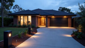Driveway Lighting and Solar Bollards: Safety and Kerb Appeal at Night Concrete driveway at dusk leading to a brick house, lined with low black bollard lights glowing in a mulched garden bed