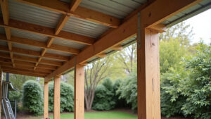 A Yearly Pergola Maintenance Checklist for Melbourne Homeowners Underside of a timber pergola with a corrugated steel roof, steel strap brackets and a step ladder beside a post in a leafy Melbourne backyard