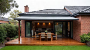 Roofed timber deck patio attached to a brick Melbourne house after rain, with an outdoor dining setting under cover