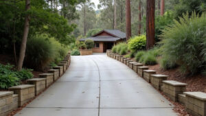 Sloped Driveways in Melbourne: Grading, Grip and Drainage on a Hill Block Concrete driveway rising up a sloped bush block to a brick house, lined with low block retaining walls and native grasses