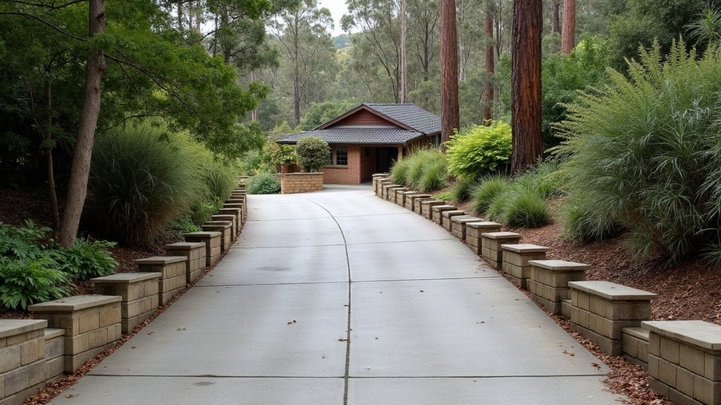 Concrete driveway rising up a sloped bush block to a brick house, lined with low block retaining walls and native grasses