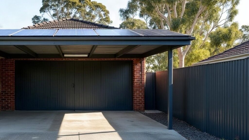 Steel carport with a row of solar panels on its roof beside a red brick house, with gum trees and a steel fence behind