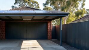 Steel carport with a row of solar panels on its roof beside a red brick house, with gum trees and a steel fence behind
